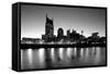 Buildings lit up at dusk at the waterfront, Cumberland River, Bell South Tower, Nashville, Tenne...-null-Framed Stretched Canvas
