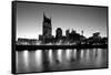 Buildings lit up at dusk at the waterfront, Cumberland River, Bell South Tower, Nashville, Tenne...-null-Framed Stretched Canvas