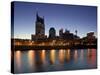 Buildings Lit Up at Dusk at the Waterfront, Cumberland River, Bell South Tower, Nashville-null-Stretched Canvas