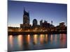 Buildings Lit Up at Dusk at the Waterfront, Cumberland River, Bell South Tower, Nashville-null-Mounted Photographic Print