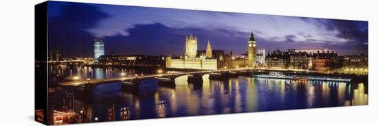 Buildings Lit Up at Dusk, Big Ben, Houses of Parliament, London, England-null-Stretched Canvas