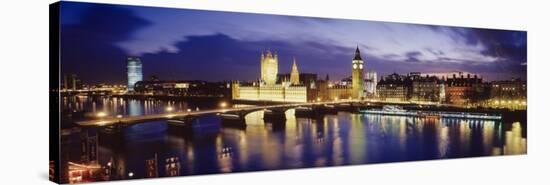 Buildings Lit Up at Dusk, Big Ben, Houses of Parliament, London, England-null-Stretched Canvas