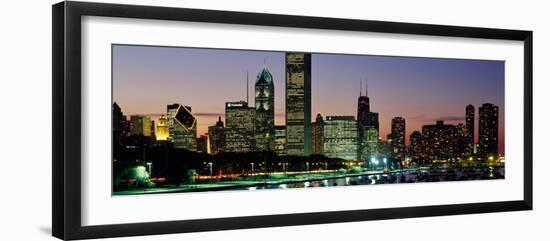 Buildings Lit Up at Dusk, Lake Michigan, Chicago, Cook County, Illinois, USA-null-Framed Photographic Print