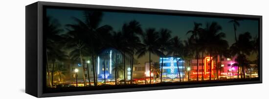 Buildings Lit Up at Dusk of Ocean Drive - Miami Beach - Florida-Philippe Hugonnard-Framed Stretched Canvas