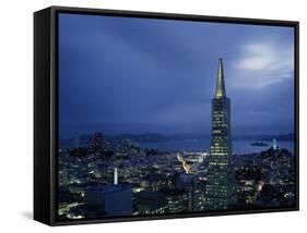 Buildings Lit Up at Dusk, Transamerica Pyramid, Coit Tower, San Francisco, California, USA-null-Framed Stretched Canvas