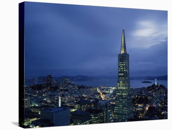 Buildings Lit Up at Dusk, Transamerica Pyramid, Coit Tower, San Francisco, California, USA-null-Stretched Canvas