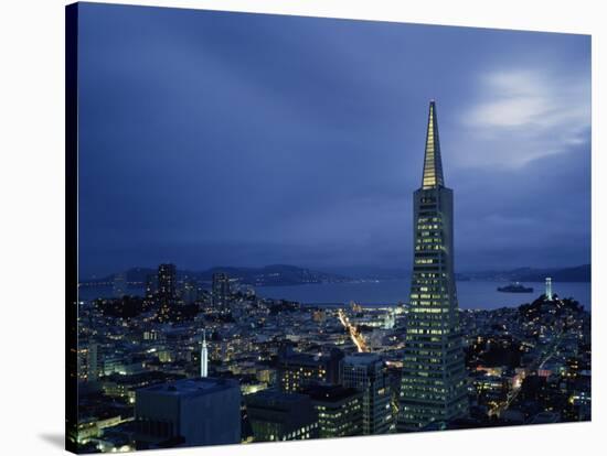 Buildings Lit Up at Dusk, Transamerica Pyramid, Coit Tower, San Francisco, California, USA-null-Stretched Canvas