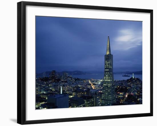 Buildings Lit Up at Dusk, Transamerica Pyramid, Coit Tower, San Francisco, California, USA-null-Framed Photographic Print