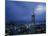 Buildings Lit Up at Dusk, Transamerica Pyramid, Coit Tower, San Francisco, California, USA-null-Mounted Photographic Print