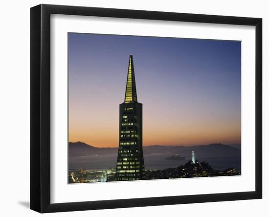 Buildings Lit Up at Dusk, Transamerica Pyramid, Coit Tower, San Francisco, California, USA-null-Framed Photographic Print