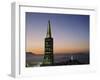 Buildings Lit Up at Dusk, Transamerica Pyramid, Coit Tower, San Francisco, California, USA-null-Framed Photographic Print