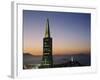 Buildings Lit Up at Dusk, Transamerica Pyramid, Coit Tower, San Francisco, California, USA-null-Framed Photographic Print