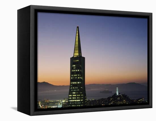 Buildings Lit Up at Dusk, Transamerica Pyramid, Coit Tower, San Francisco, California, USA-null-Framed Stretched Canvas