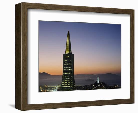 Buildings Lit Up at Dusk, Transamerica Pyramid, Coit Tower, San Francisco, California, USA-null-Framed Photographic Print