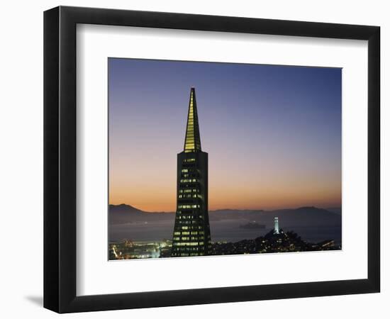 Buildings Lit Up at Dusk, Transamerica Pyramid, Coit Tower, San Francisco, California, USA-null-Framed Photographic Print