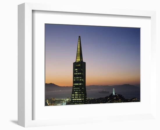 Buildings Lit Up at Dusk, Transamerica Pyramid, Coit Tower, San Francisco, California, USA-null-Framed Photographic Print