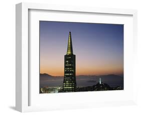 Buildings Lit Up at Dusk, Transamerica Pyramid, Coit Tower, San Francisco, California, USA-null-Framed Photographic Print