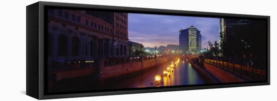 Buildings Lit Up at Dusk, Waterfire, Providence River, Providence, Providence County-null-Framed Stretched Canvas