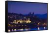 Buildings lit up at Miramar Park at dusk, San Sebastian, Guipuzcoa Province, Basque Country Regi...-null-Framed Stretched Canvas