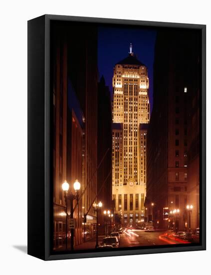 Buildings Lit Up at Night, Chicago Board of Trade Building, Lasalle Street, Chicago, Cook County-null-Framed Stretched Canvas