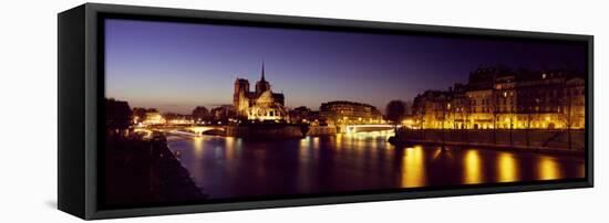 Buildings Lit Up at Night, Notre Dame, Seine River, Paris, Ile-De-France, France-null-Framed Stretched Canvas