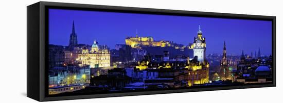 Buildings Lit Up at Night with a Castle in the Background, Edinburgh Castle, Edinburgh, Scotland-null-Framed Stretched Canvas