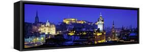 Buildings Lit Up at Night with a Castle in the Background, Edinburgh Castle, Edinburgh, Scotland-null-Framed Stretched Canvas