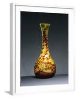 Bulb Vase with Long Neck and Three-Lobed Opening with Engraved Motifs of Brown and Green Branches-null-Framed Giclee Print