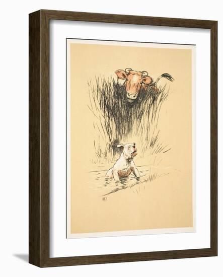 Bull and Dog in Field (Colour Litho)-Cecil Aldin-Framed Giclee Print