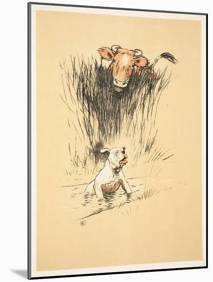 Bull and Dog in Field (Colour Litho)-Cecil Aldin-Mounted Giclee Print