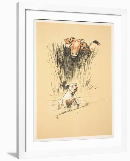 Bull and Dog in Field (Colour Litho)-Cecil Aldin-Framed Giclee Print