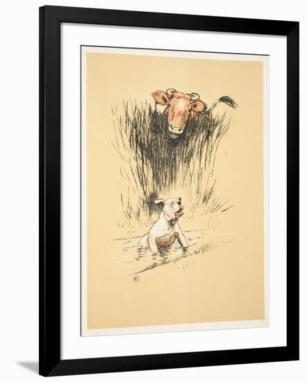 Bull and Dog in Field (Colour Litho)-Cecil Aldin-Framed Giclee Print