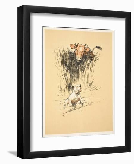 Bull and Dog in Field (Colour Litho)-Cecil Aldin-Framed Premium Giclee Print