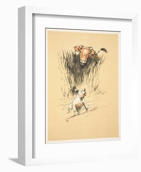 Bull and Dog in Field (Colour Litho)-Cecil Aldin-Framed Premium Giclee Print