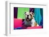 Bulldog Puppy Sitting in Colorful Box-Zandria Muench Beraldo-Framed Photographic Print