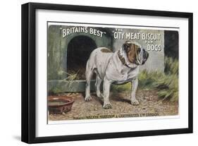 Bulldog Stands Outside His Kennel in an Advertisement for "City Meat" Dog Biscuits-null-Framed Photographic Print