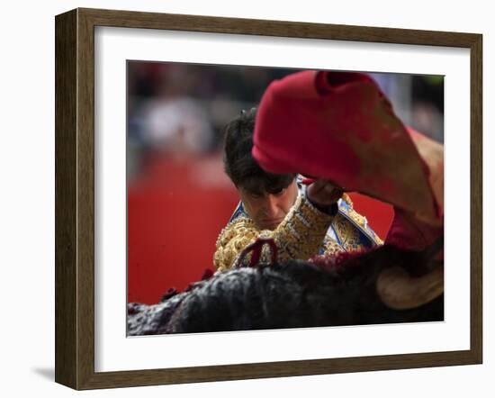 Bullfighte Performs During a Bullfight at the Monumental Bullring in Barcelona-null-Framed Photographic Print