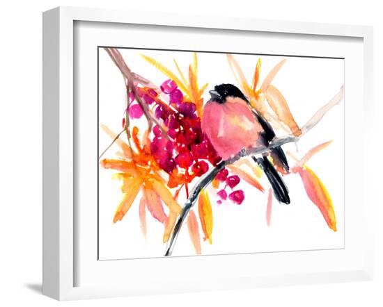 Bullfinch And Fall  Berries 1-Suren Nersisyan-Framed Art Print