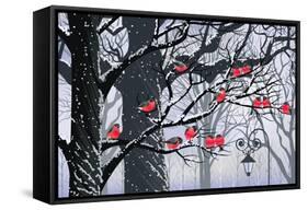 Bullfinches on Trees in Winter City-Milovelen-Framed Stretched Canvas