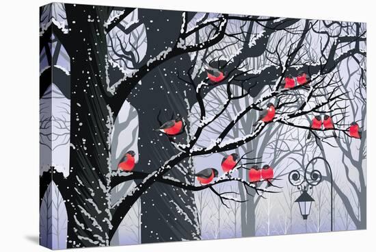 Bullfinches on Trees in Winter City-Milovelen-Stretched Canvas