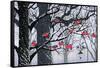 Bullfinches on Trees in Winter City-Milovelen-Framed Stretched Canvas