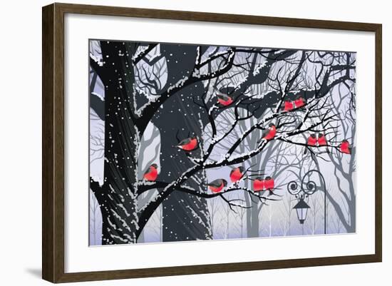 Bullfinches on Trees in Winter City-Milovelen-Framed Art Print