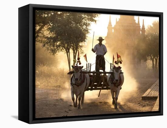 Bullock Cart on a Dusty Track Among the Temples of Bagan-Lee Frost-Framed Stretched Canvas