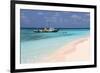 Bumboat in front of Ihuru Island, North Male Atoll, Maldives-null-Framed Art Print