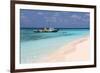 Bumboat in front of Ihuru Island, North Male Atoll, Maldives-null-Framed Art Print