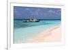 Bumboat in front of Ihuru Island, North Male Atoll, Maldives-null-Framed Art Print