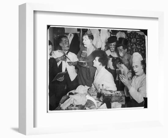 Bunch of Clowns from the Bertram Mills Circus Apply Their Make-Up in Their Dressing-Room-null-Framed Art Print