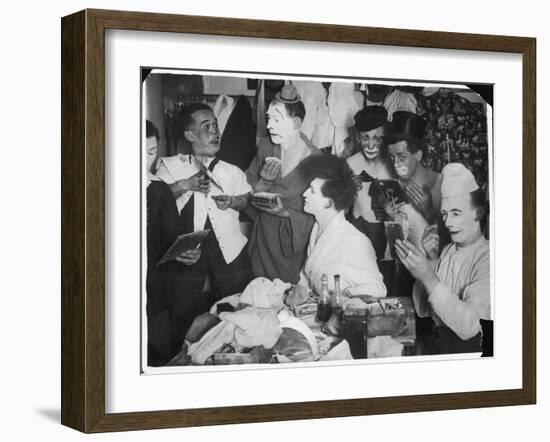 Bunch of Clowns from the Bertram Mills Circus Apply Their Make-Up in Their Dressing-Room-null-Framed Art Print