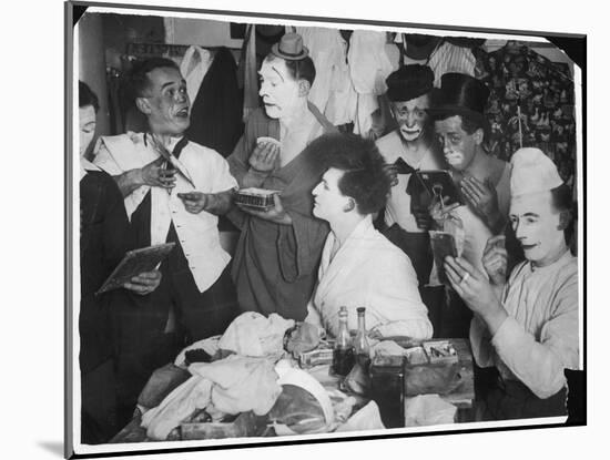 Bunch of Clowns from the Bertram Mills Circus Apply Their Make-Up in Their Dressing-Room-null-Mounted Art Print