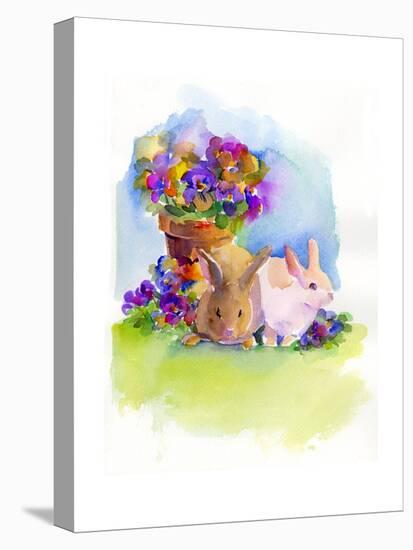 Bunnies with Pansies, 2014-John Keeling-Stretched Canvas